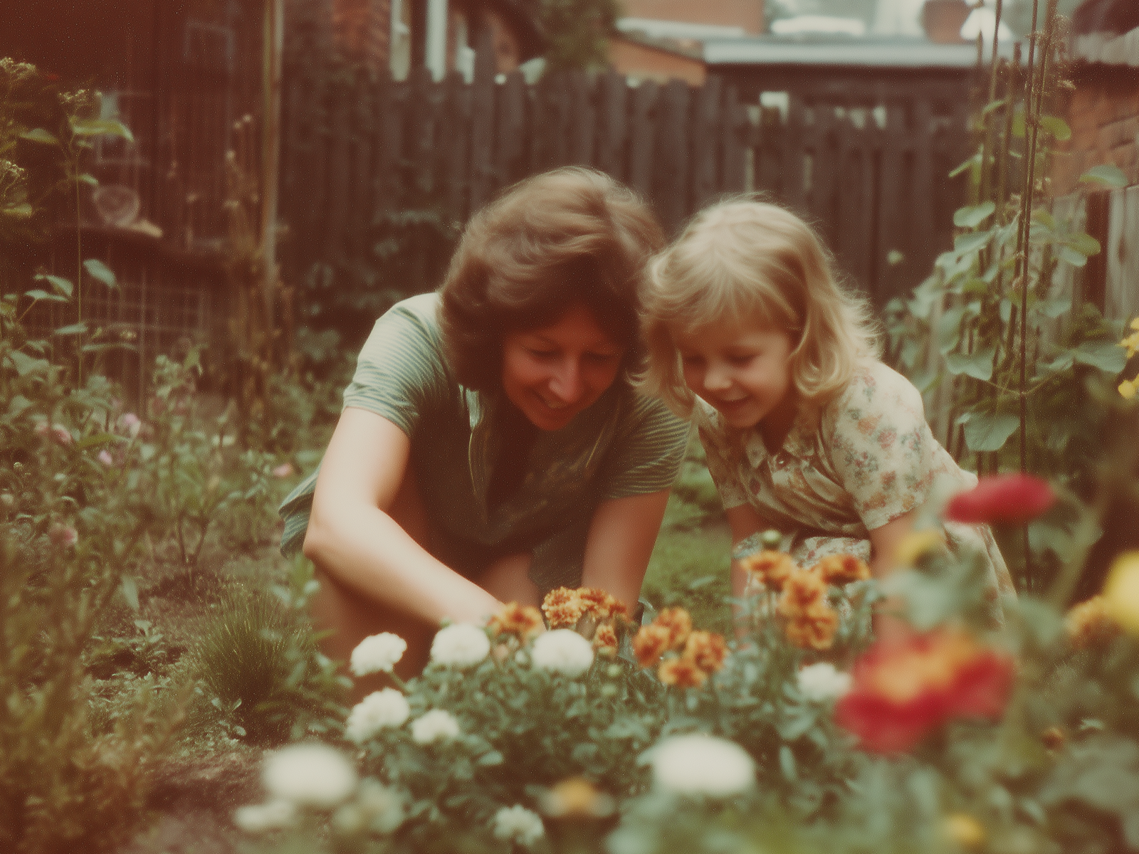 Nostalgic photo woman and child gardening outside together